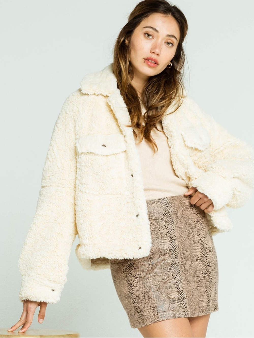 Free People We The Free Teddy Boxy Swing Jacket Cream Faux Sherpa